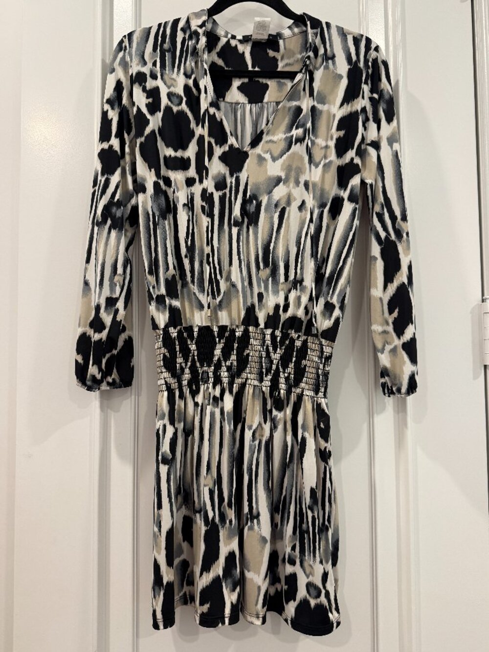Ariella - Black & Cream L/S Smock Waist Mini Dress - Abstract Animal Print - S